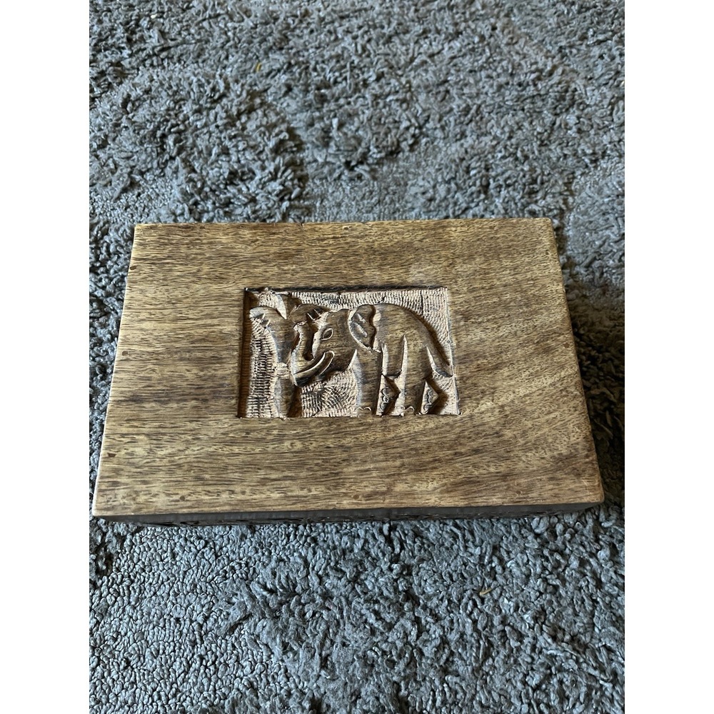 Hand Carved Wooden Elephant, Jewelry Box W/elephant Figurines Very Detailed
